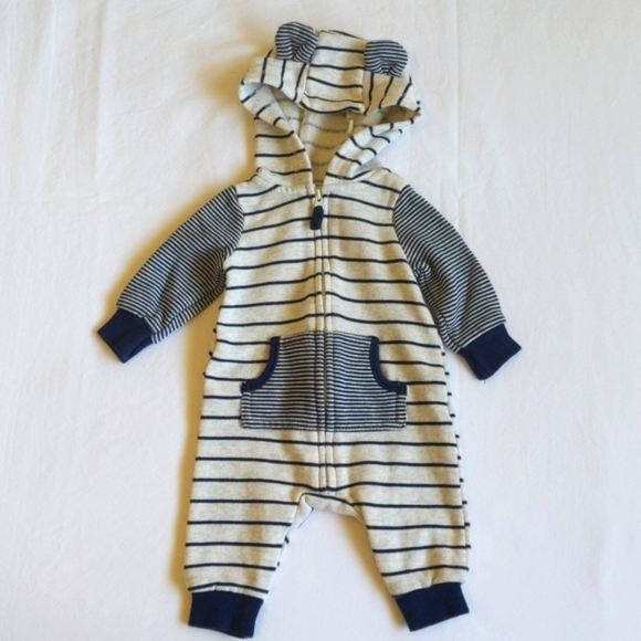 carter's comfy striped fleece-lined zip-up hoodie jumpsuit 3 months baby boy - Picture 1 of 7